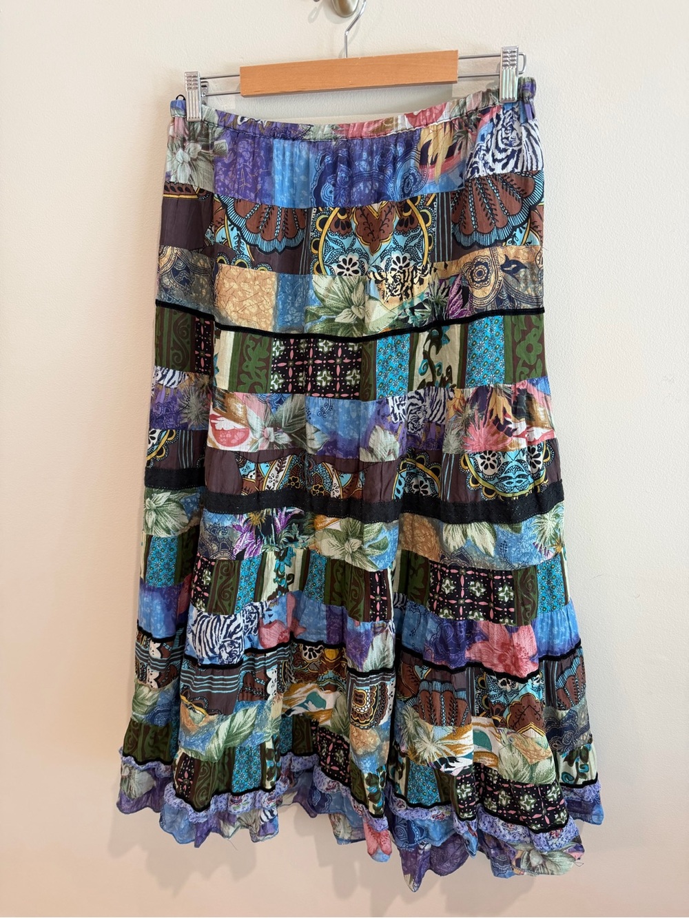Vintage Multi-Color Patchwork Maxi Skirt - Bohemian Tiered Design